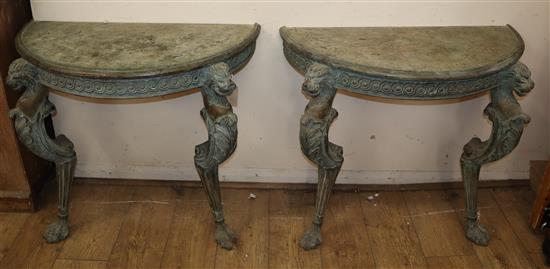 A pair of 18th century style faux verdigris demi lune console tables W.90cm
